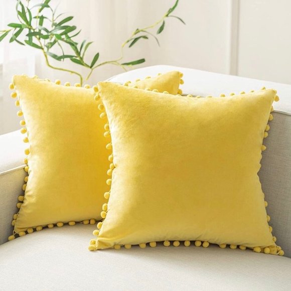 (Only Covers) Set of 2 Poms Poms Velvet Decorative Pillow Covers, Yellow